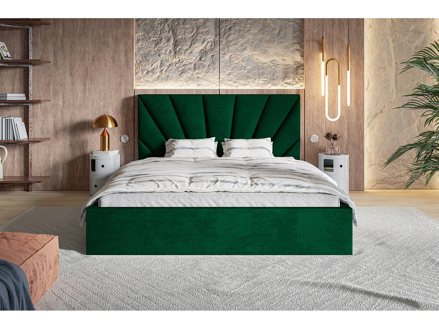 Lit double 140x200 cm Aris - Lit adulte avec rangment - Tissu velours - Vert (Kronos 19)