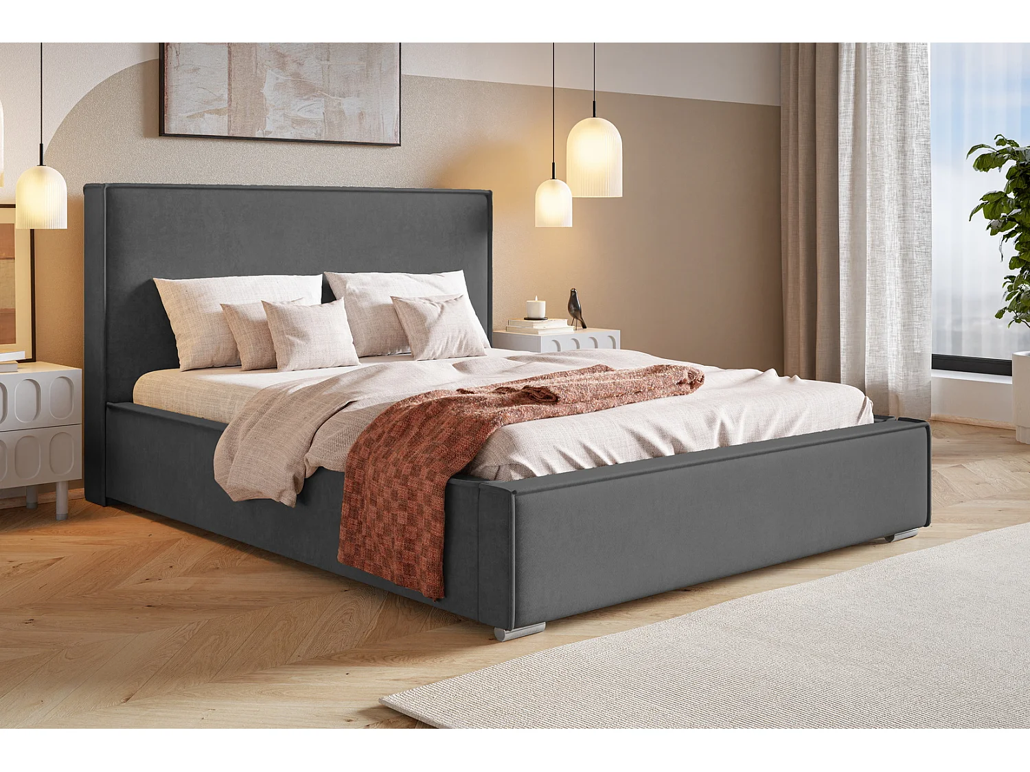 Lit double 160x200 Sydney avec rangement - Lit design, tissu velours, Gris foncé (Amor Velvet 4321)