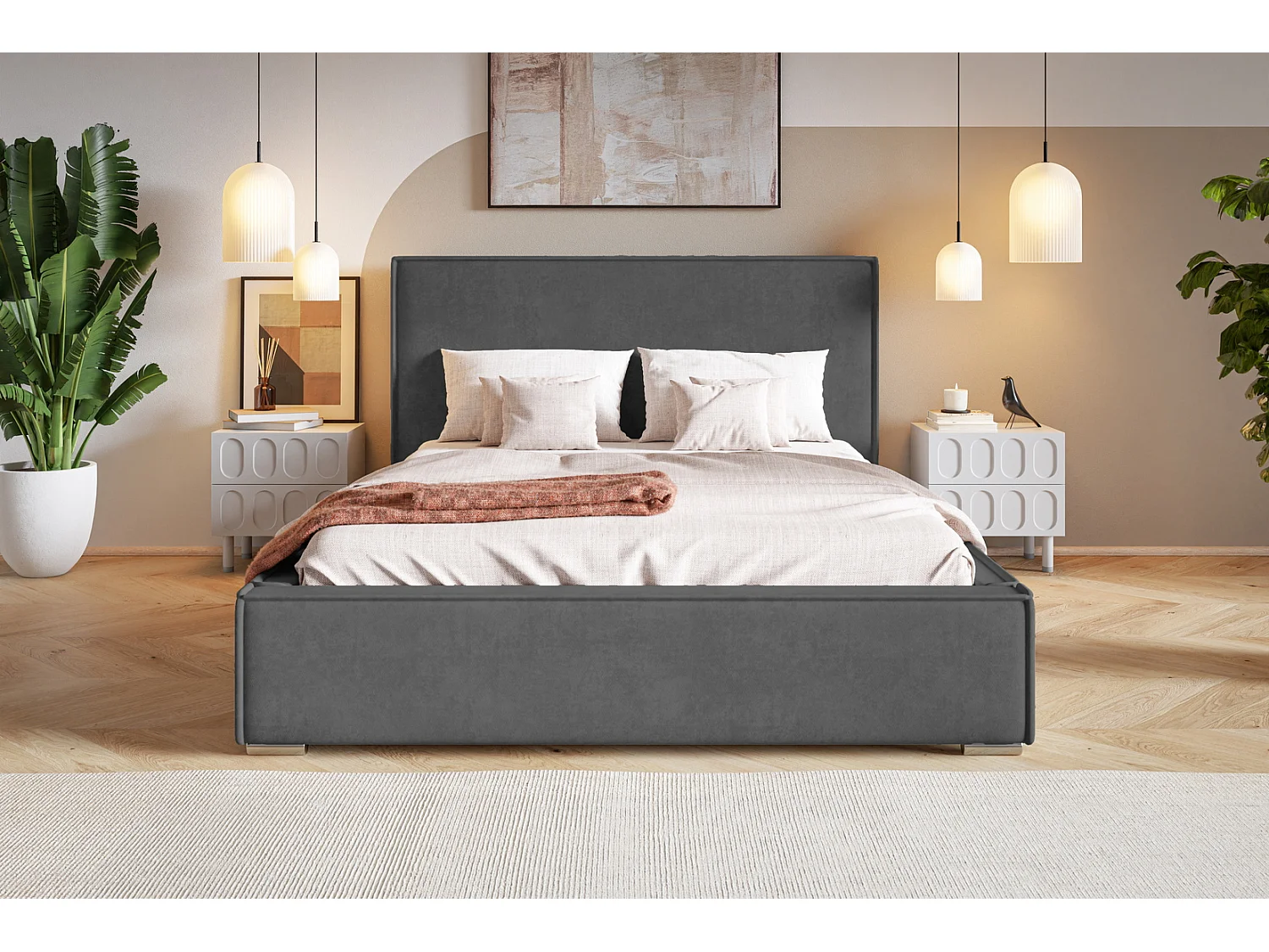 Lit double 160x200 Sydney avec rangement - Lit design, tissu velours, Gris foncé (Amor Velvet 4321)