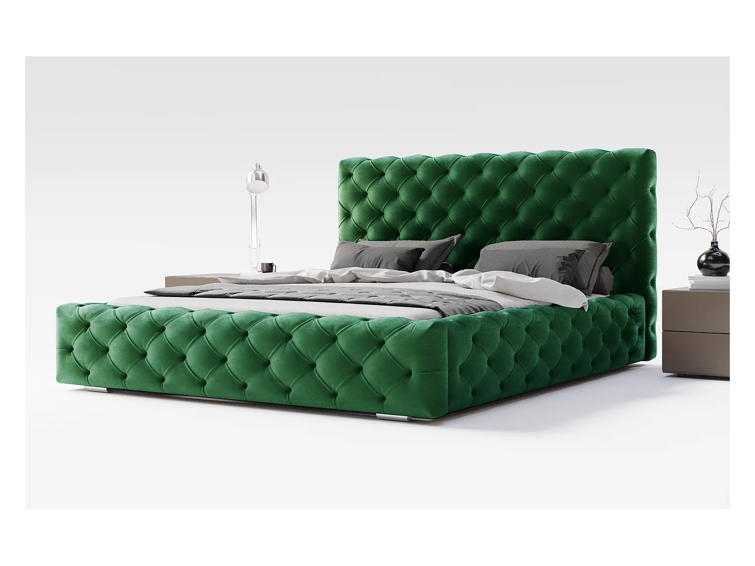 Emporius Lit double avec Rangement, lit 160x200 cm Paris - Lit Adulte, Tissu Vert (Magic Velvet 2225)