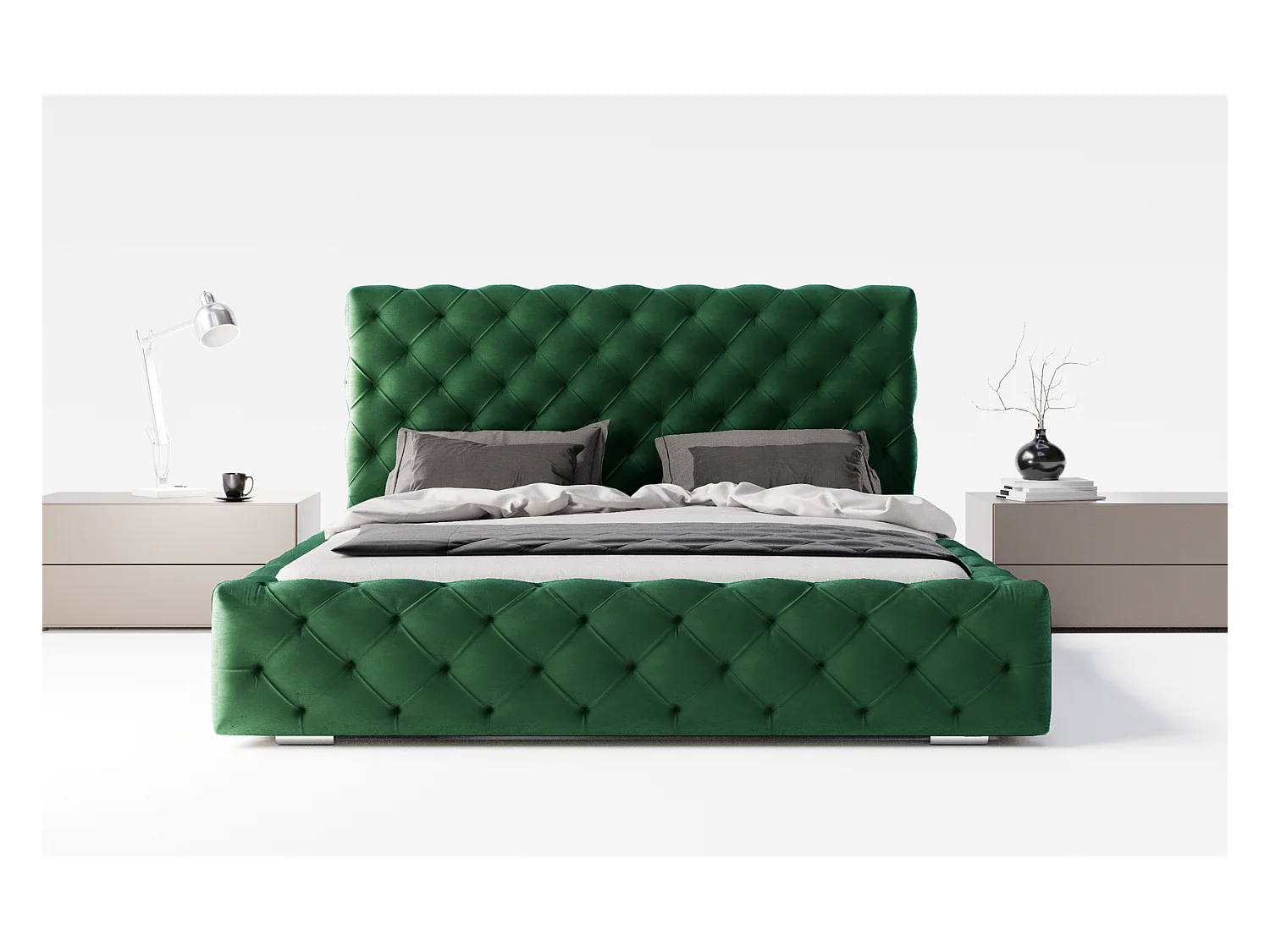 Emporius Lit double avec Rangement, lit 160x200 cm Paris - Lit Adulte, Tissu Vert (Magic Velvet 2225)