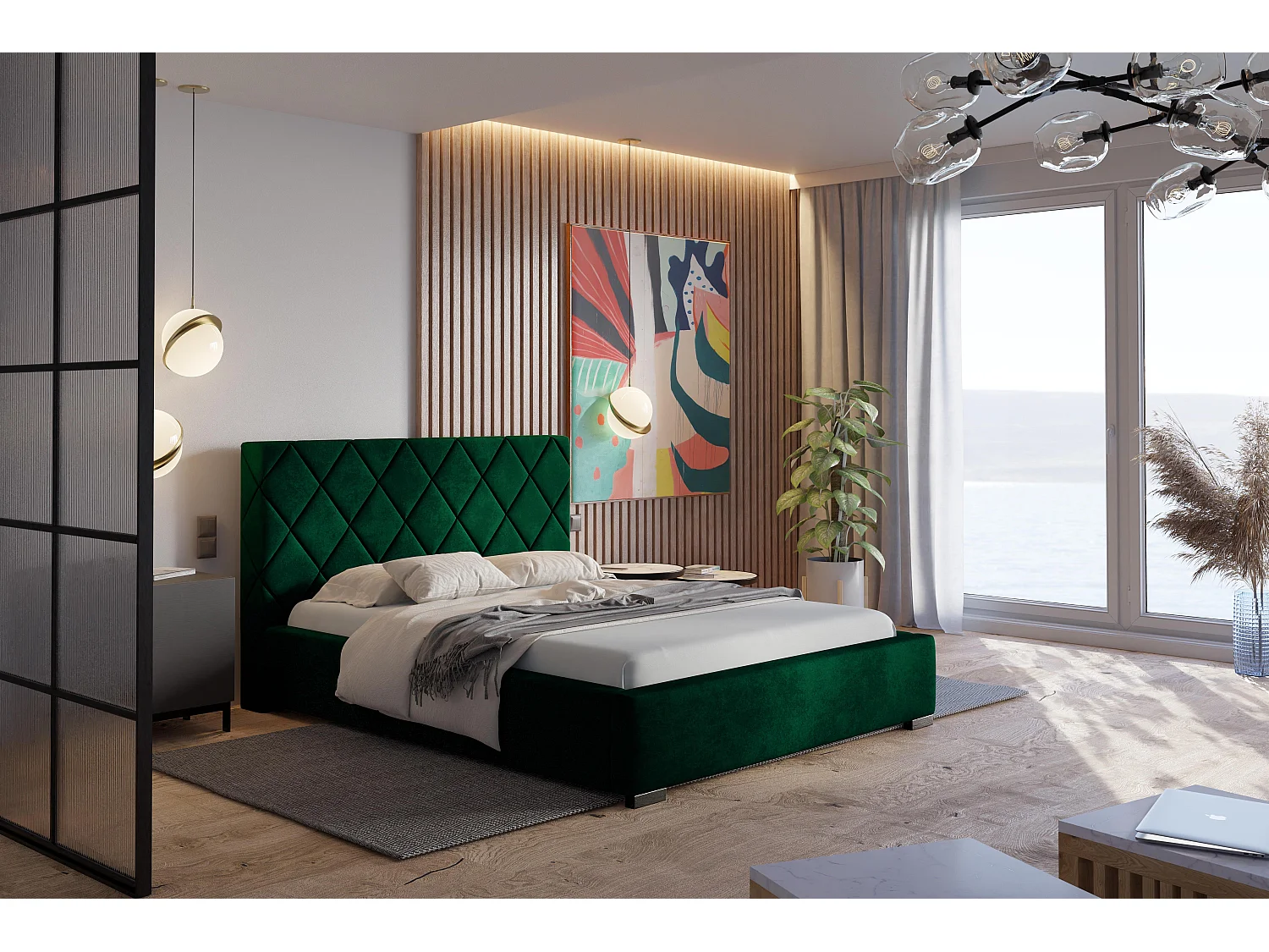 Emporius Lit rembourré 140x200 Aron - Lit double avec Rangement, Lit 140x200 cm Vert (Kronos 19)