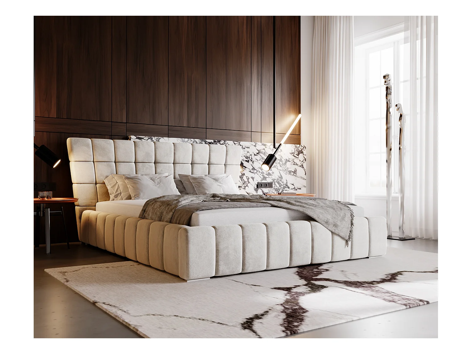 Emporius Lit rembourré 160x200 cm Deluxe, stoff, Lit Double avec Rangement - Lit Beige (Magic Velvet 2201)
