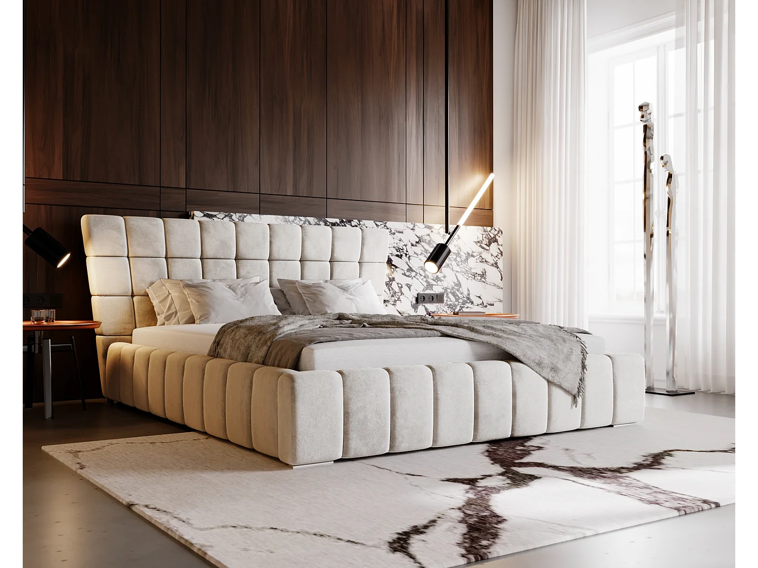 Emporius Deluxe łóżko tapicerowane 160x200 cm - łóżko przeszywane w nowoczesnym stylu - pojemnik i stelaż, tkanina aksamitna, wanilia (Magic Velvet 2201)