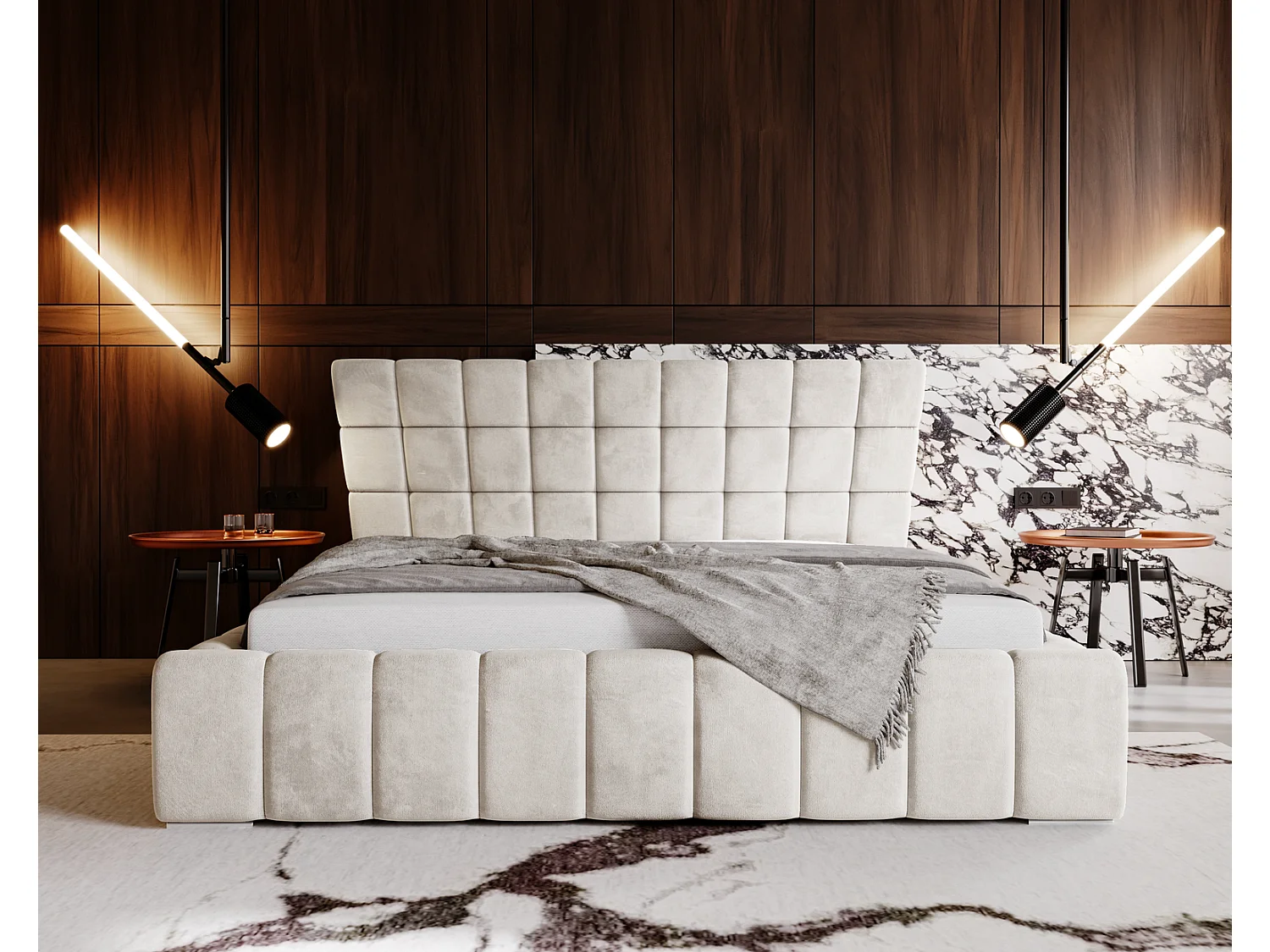 Emporius Deluxe łóżko tapicerowane 160x200 cm - łóżko przeszywane w nowoczesnym stylu - pojemnik i stelaż, tkanina aksamitna, wanilia (Magic Velvet 2201)