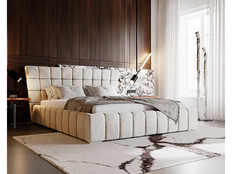 Emporius Deluxe łóżko tapicerowane 160x200 cm - łóżko przeszywane w nowoczesnym stylu - pojemnik i stelaż, tkanina aksamitna, wanilia (Magic Velvet 2201)