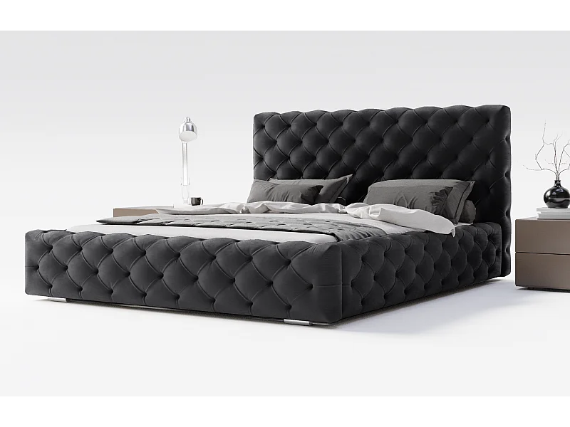 Emporius Paris łóżko tapicerowane 140x200 cm - glamour, pikowanie chesterfield - łóżko dwuosobowe z pojemnikiem, tkanina aksamitna, czarny (Magic Velvet 2219)