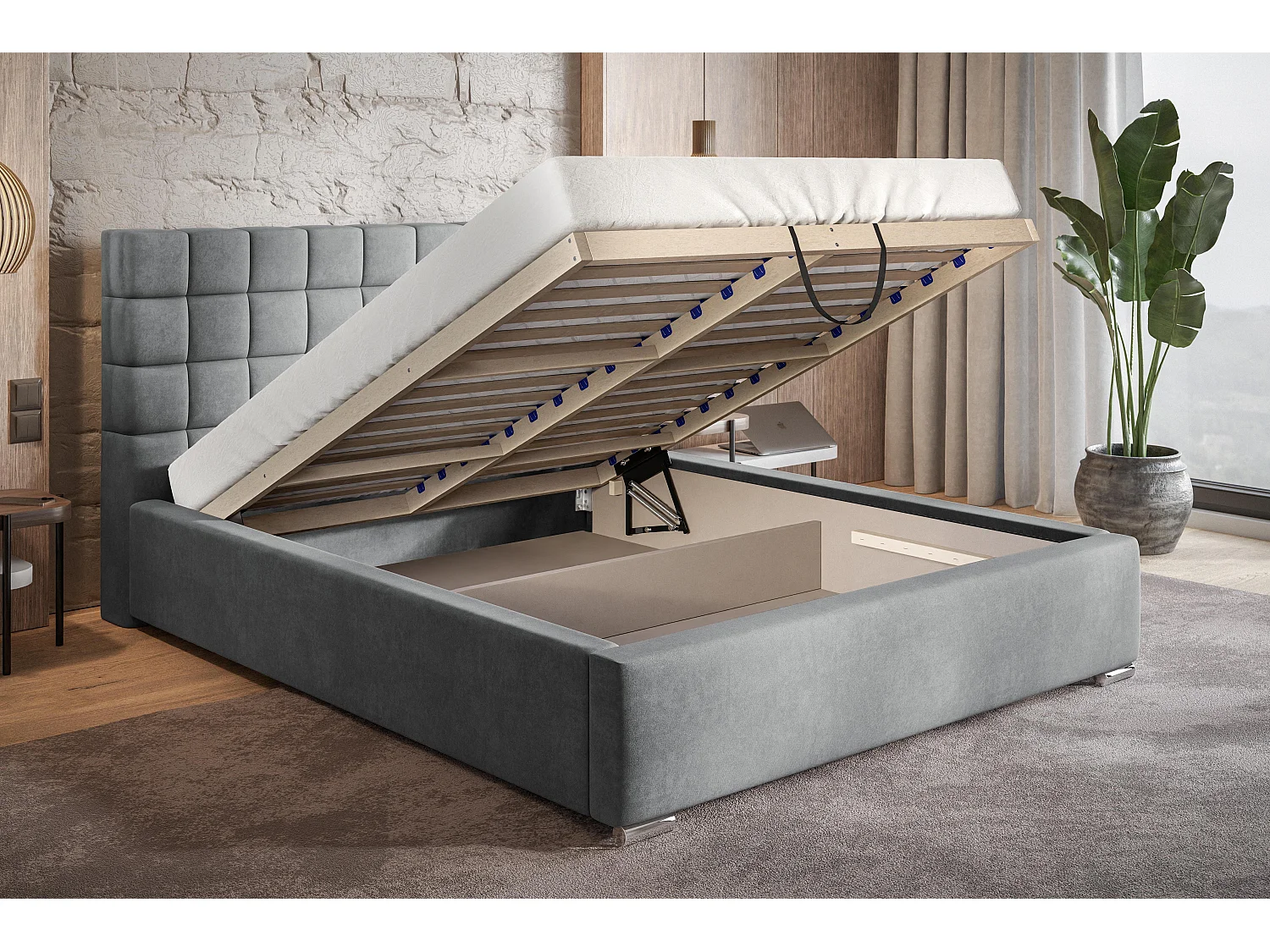 Emporius Lit 180x200 adulte avec Rangement Noris - Lit double Lit rembourré avec Tete de Lit - Velvet Gris clair (Jasmine 90)