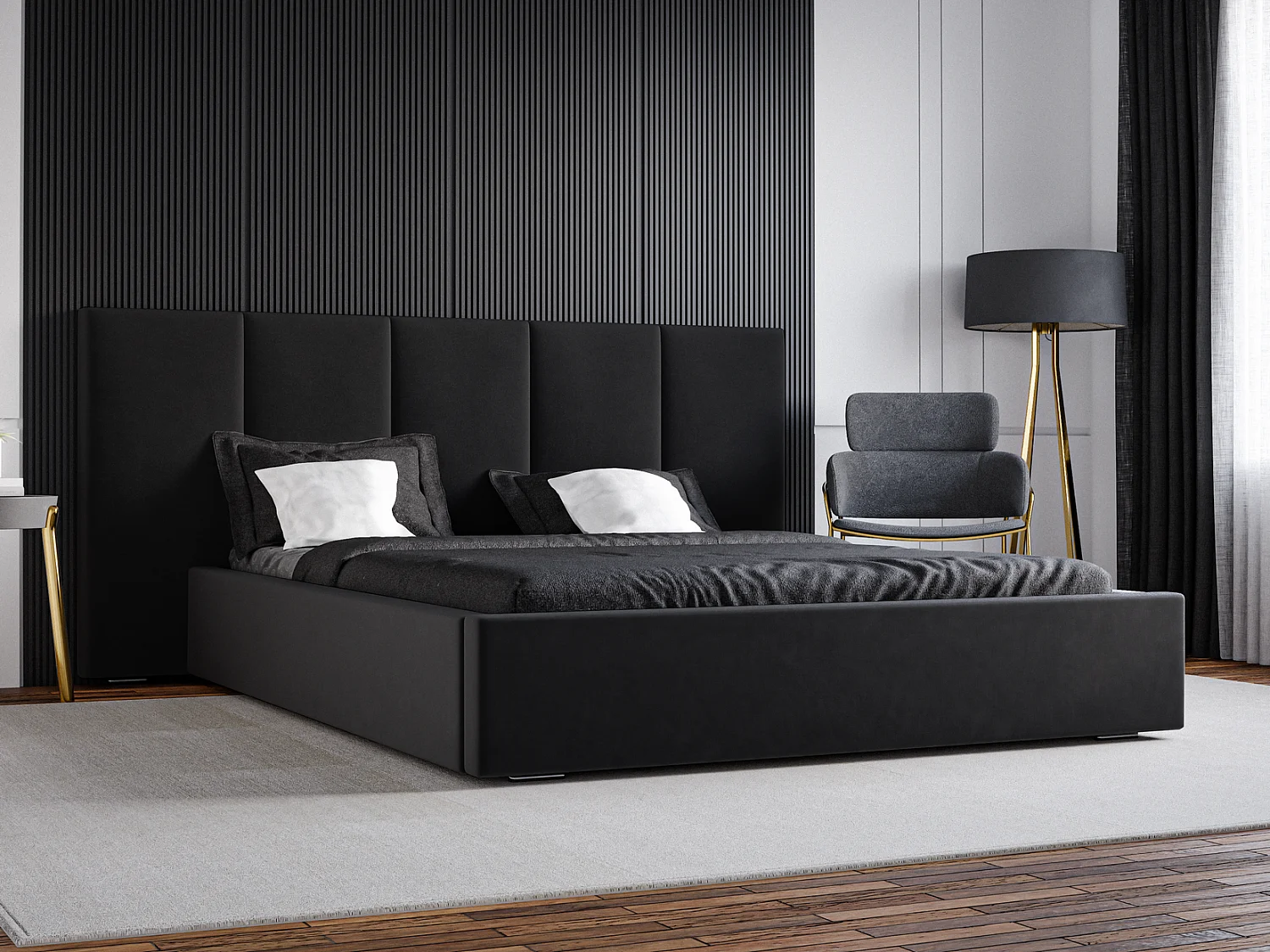 Emporius gestoffeerd bed 160 x 200 cm Praga - bed 160x200 met opbergruimte, fluweel Zwart (Magic Velvet 2219)