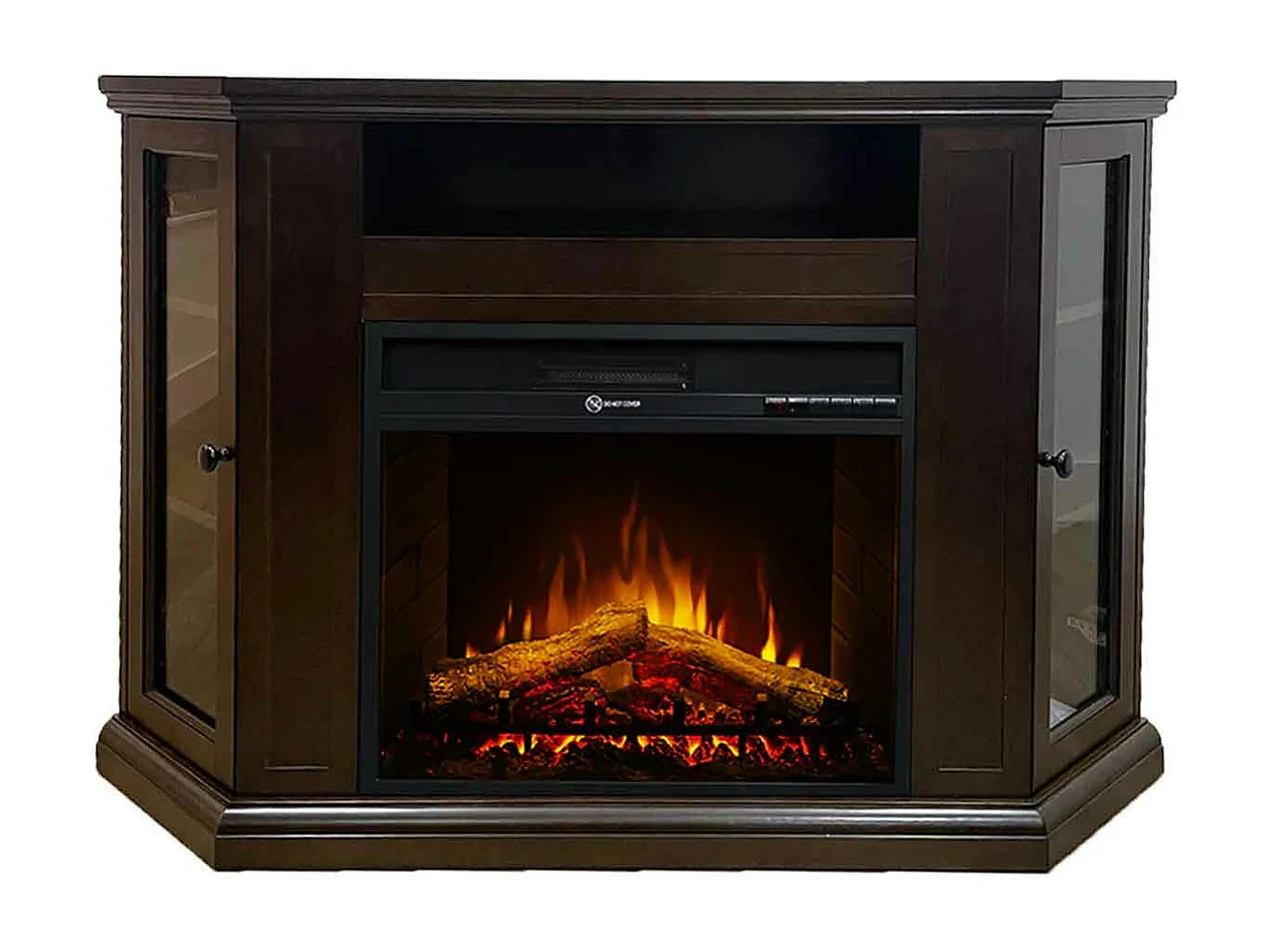 Madison - Cheminée électrique angulaire de sol en bois 126x78xH83 cm, effet flamme, couleur bois noyer