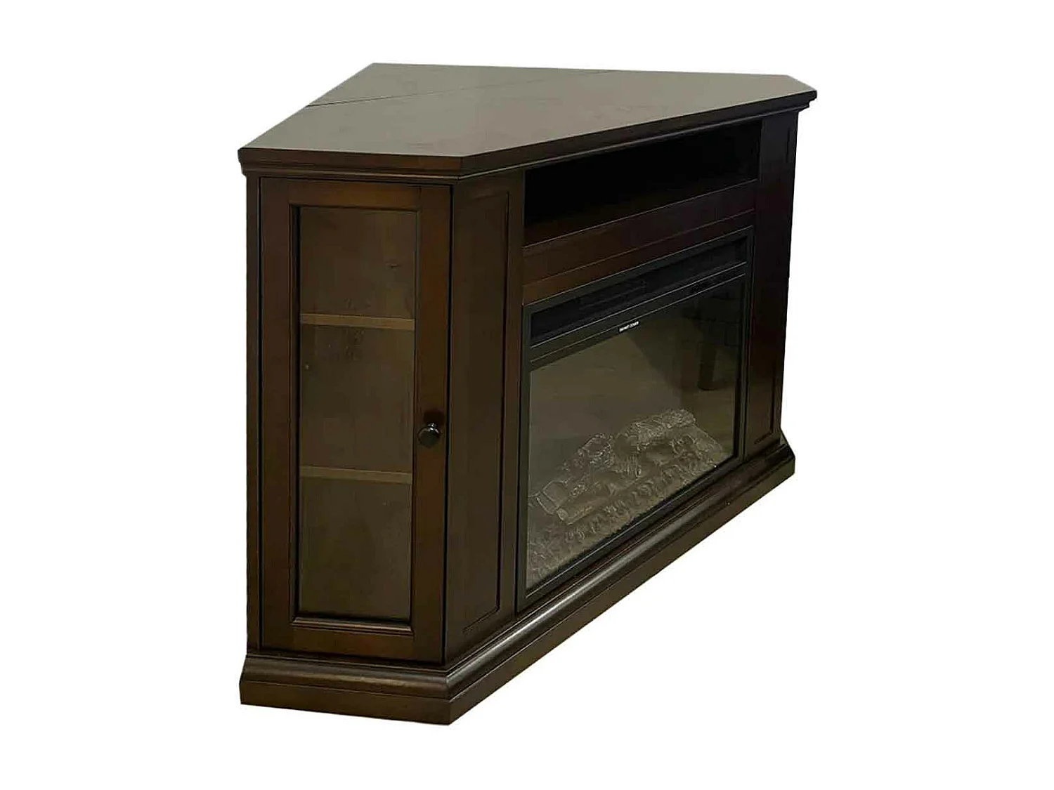 Madison - Cheminée électrique angulaire de sol en bois 126x78xH83 cm, effet flamme, couleur bois noyer