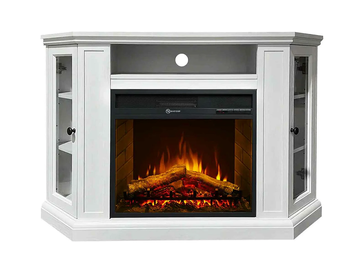 Madison - Cheminée électrique angulaire de sol en bois 126x78xH83 cm, effet flamme, couleur blanc
