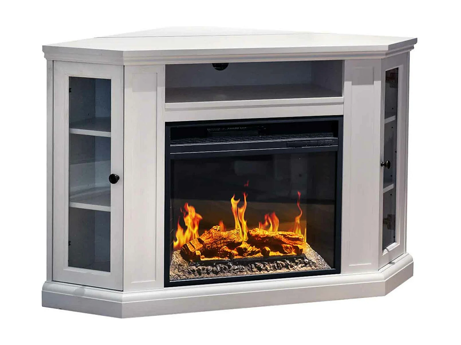 Madison - Chimenea eléctrica esquinera de suelo en madera 126x78xH83 cm, efecto llama, color blanco