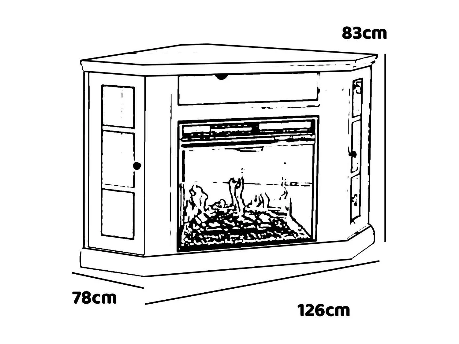Madison - Chimenea eléctrica esquinera de suelo en madera 126x78xH83 cm, efecto llama, color blanco