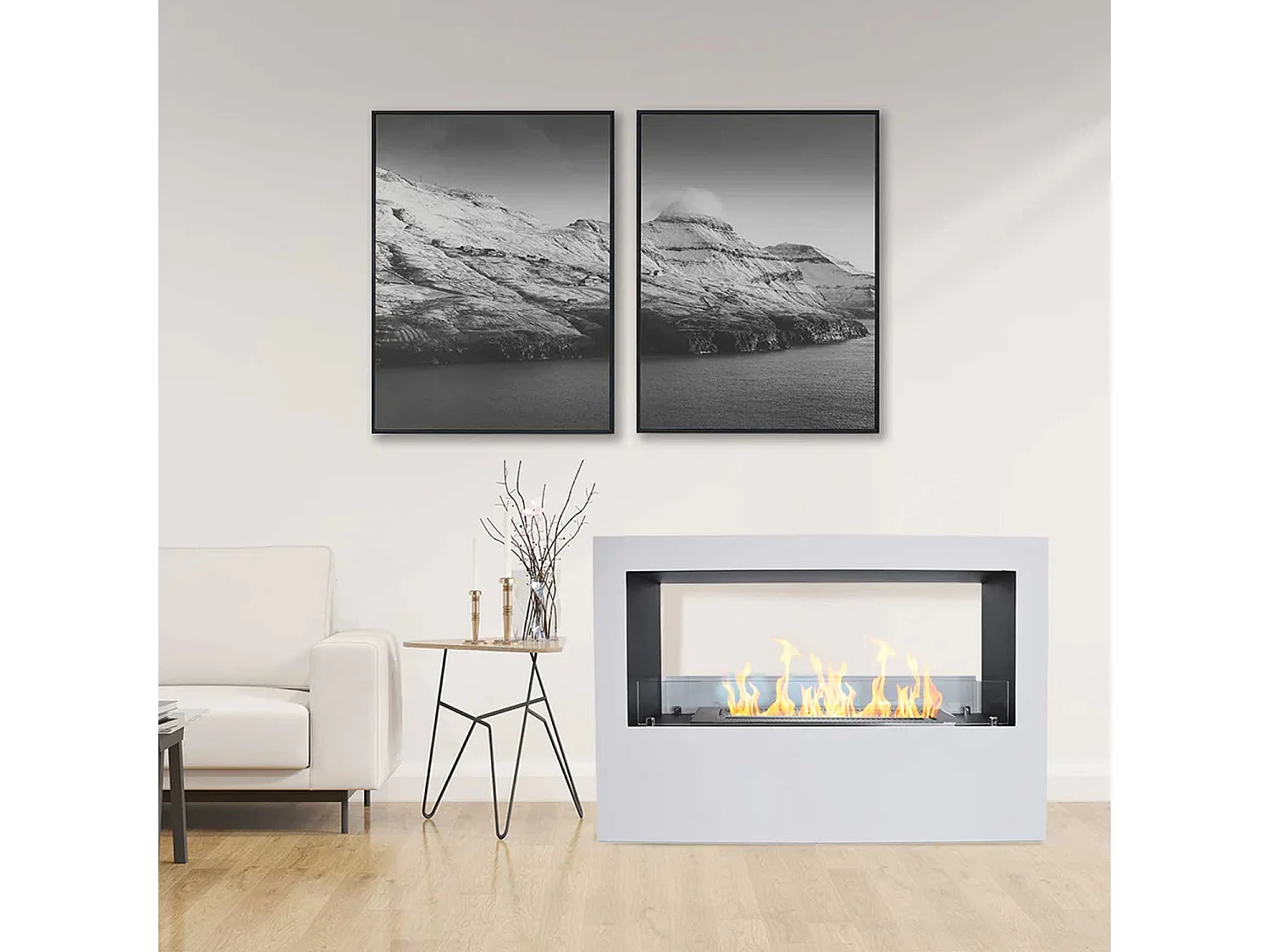 Giotto - Camino a bioetanolo da terra per interno ed esterno 100x30xH70 cm, colore bianco