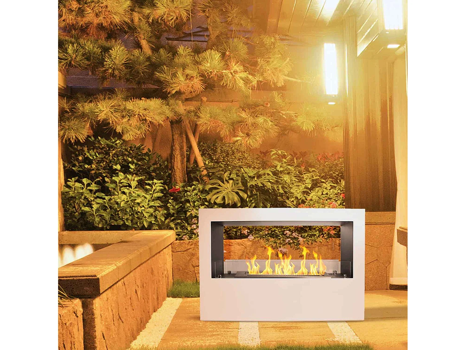 Giotto - Camino a bioetanolo da terra per interno ed esterno 100x30xH70 cm, colore bianco