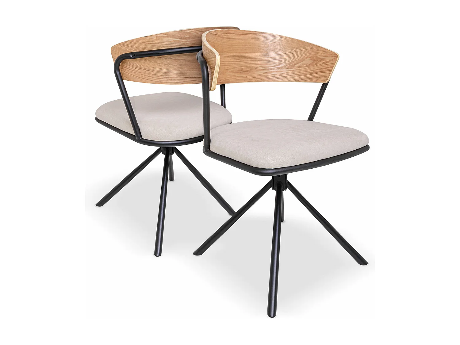 Seul - Juego de 2 sillas de diseño en metal, respaldo en madera maciza y asiento en tejido, giratoria 360°