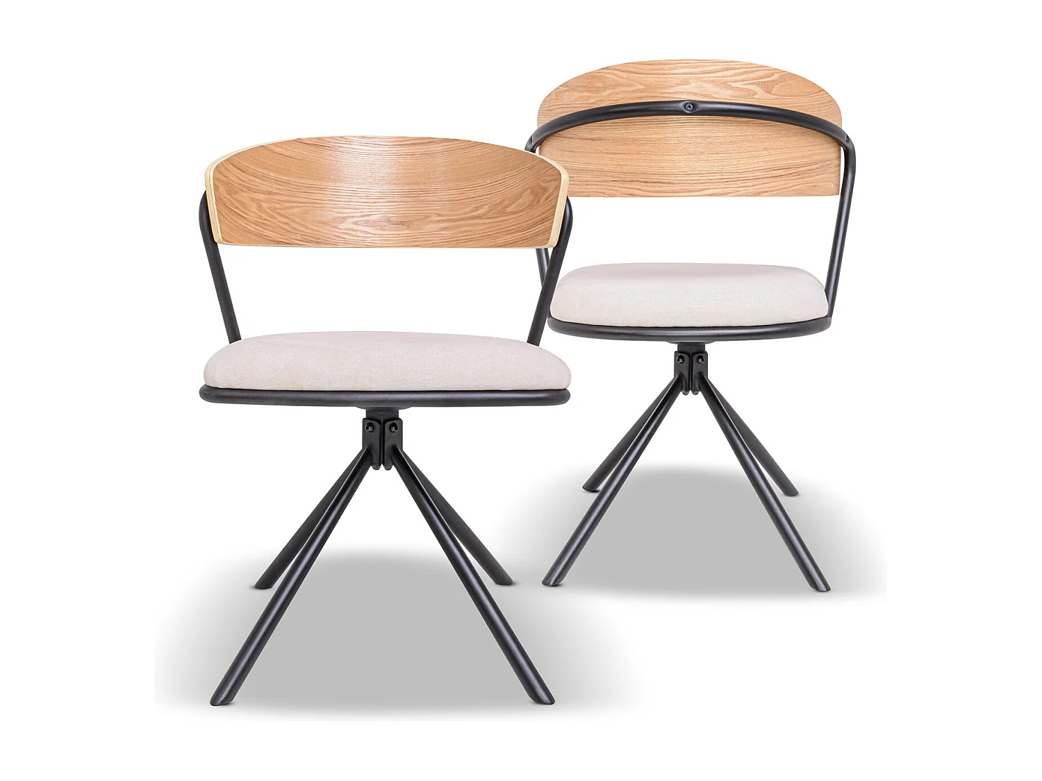 Seul - Juego de 2 sillas de diseño en metal, respaldo en madera maciza y asiento en tejido, giratoria 360°