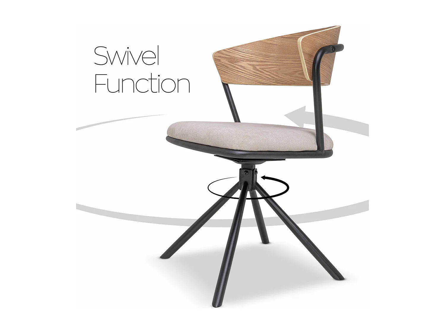 Seul - Juego de 2 sillas de diseño en metal, respaldo en madera maciza y asiento en tejido, giratoria 360°