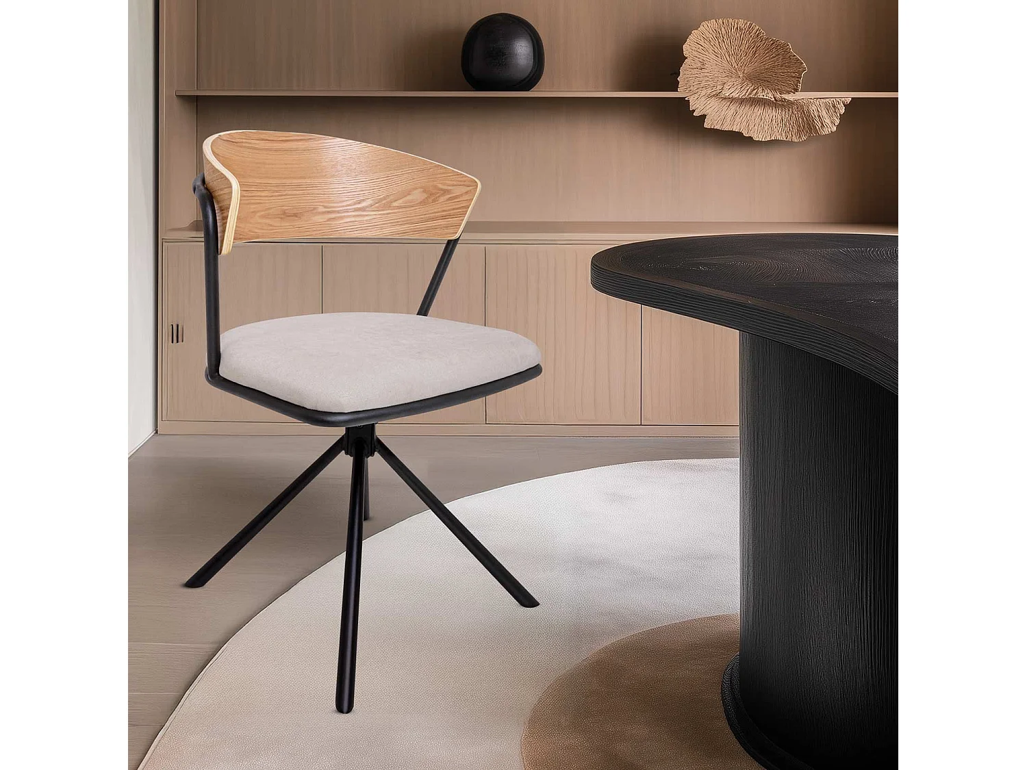 Seul - Juego de 2 sillas de diseño en metal, respaldo en madera maciza y asiento en tejido, giratoria 360°