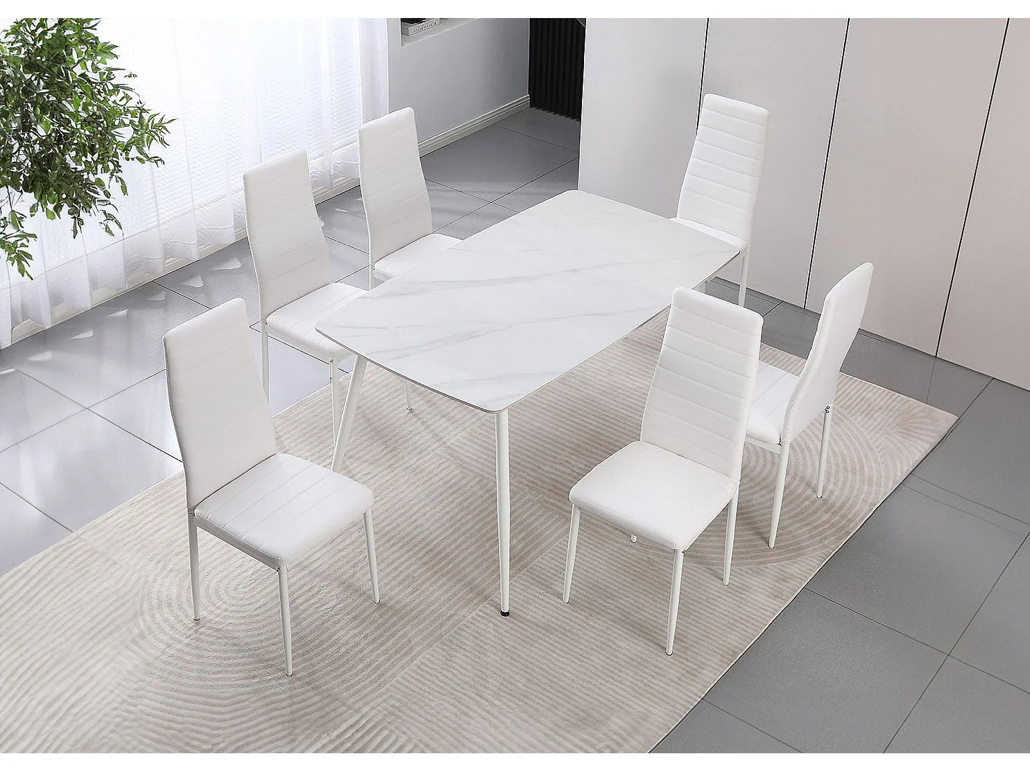 Mesa em Vidro Temperado 140cm + 6 Cadeiras em Couro Sintético. Sala de Jantar ou Cozinha, Branco