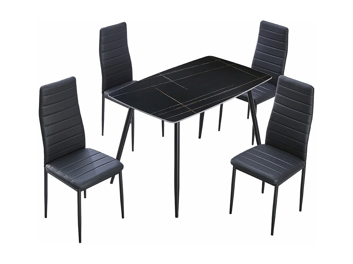 Mesa em Vidro Temperado 120cm + 4 Cadeiras em Couro Sintético. Sala de Jantar ou Cozinha, Preto