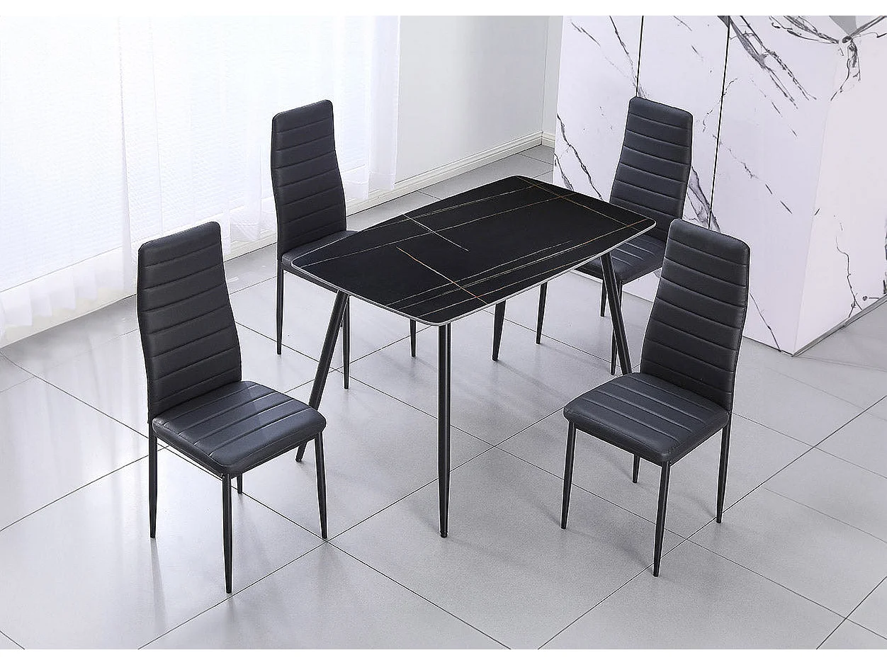 Mesa em Vidro Temperado 120cm + 4 Cadeiras em Couro Sintético. Sala de Jantar ou Cozinha, Preto