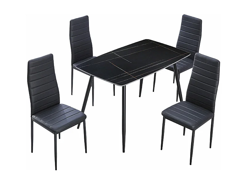 Mesa em Vidro Temperado 120cm + 4 Cadeiras em Couro Sintético. Sala de Jantar ou Cozinha, Preto