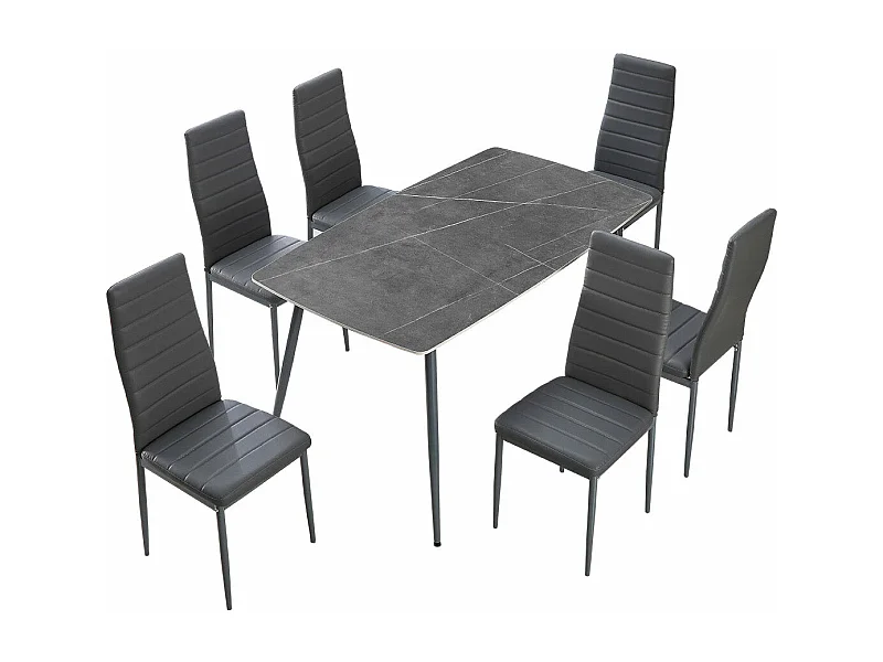 Mesa de Cristal Templado 140cm + 6 Sillas Polipiel. Comedor o Cocina, Gris