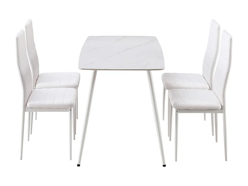 Mesa de Cristal Templado 120cm + 4 Sillas Polipiel. Comedor o Cocina, Blanco