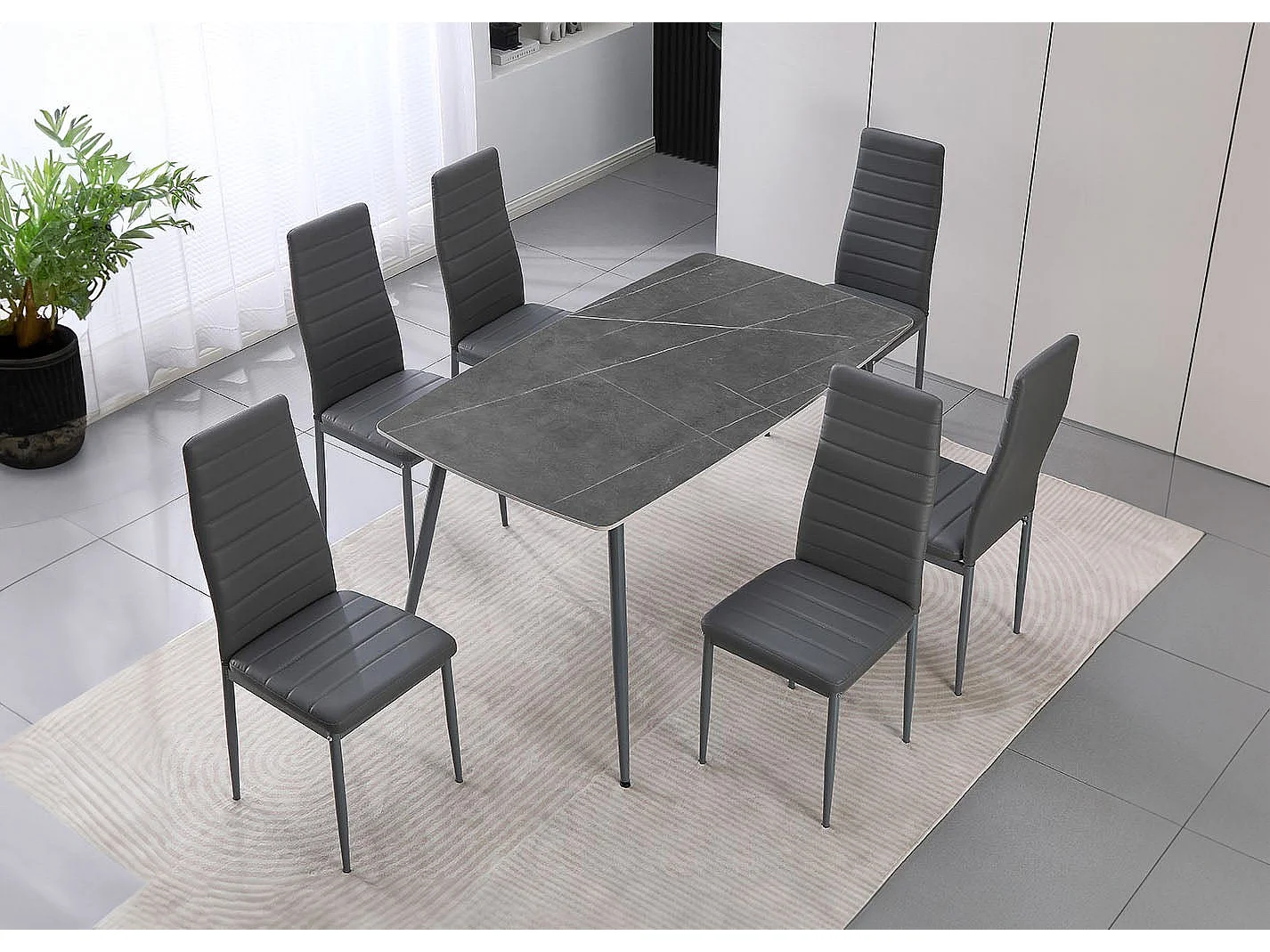 Mesa em Vidro Temperado 140cm + 6 Cadeiras em Couro Sintético. Sala de Jantar ou Cozinha, Preto