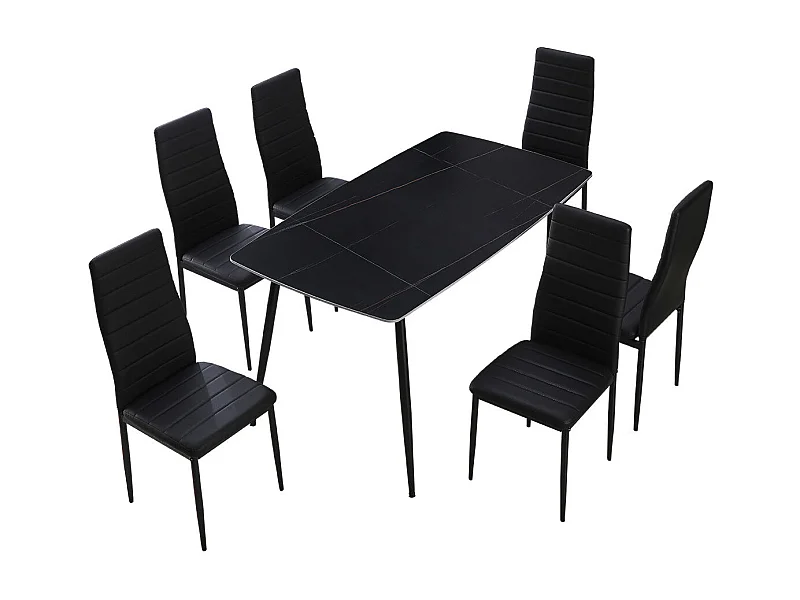 Mesa em Vidro Temperado 140cm + 6 Cadeiras em Couro Sintético. Sala de Jantar ou Cozinha, Preto