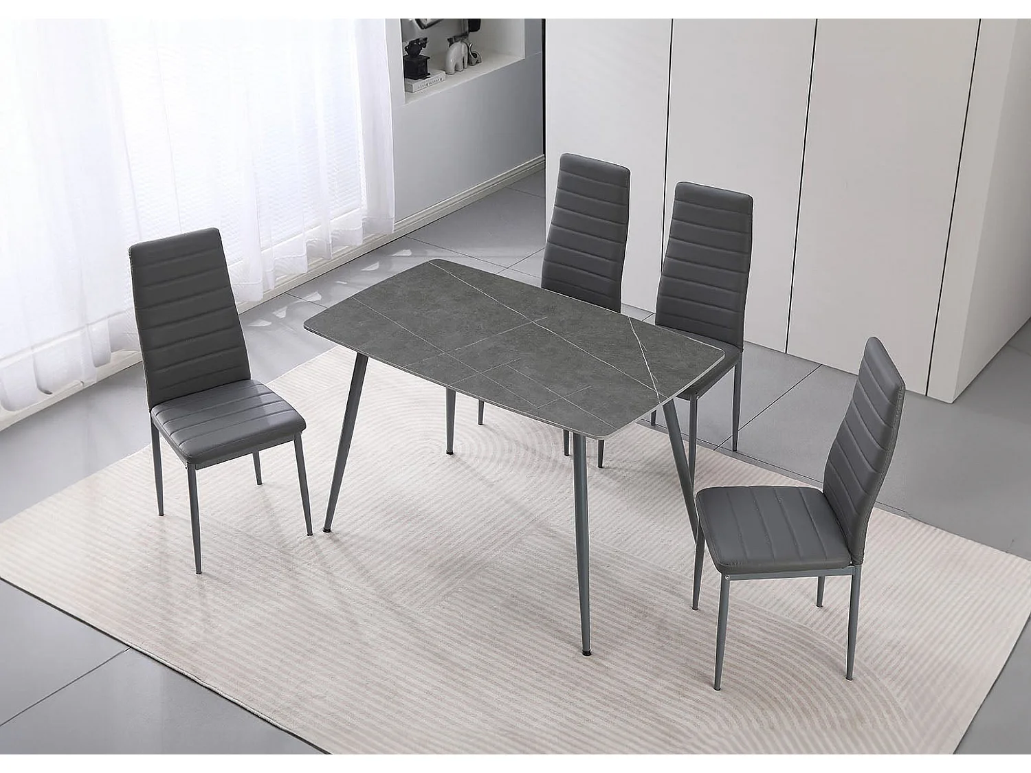 Mesa em Vidro Temperado 120cm + 4 Cadeiras em Couro Sintético. Sala de Jantar ou Cozinha, Cinza