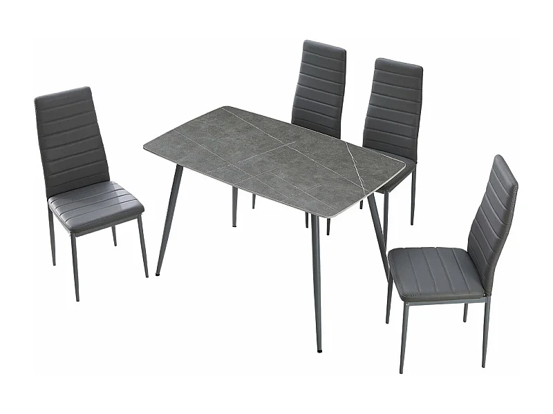 Mesa de Cristal Templado 120cm + 4 Sillas Polipiel. Comedor o Cocina, Gris