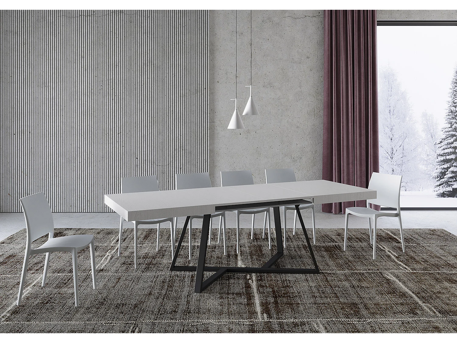 Ausziehtisch 90x160/264 cm Booster Esche weiß mit Eisenrahmen aus Anthrazit