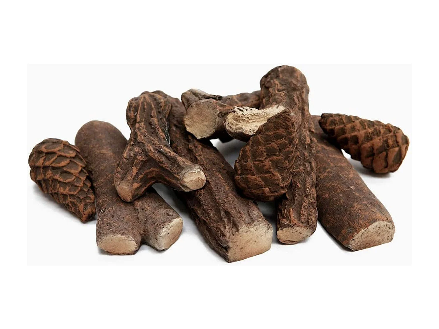 Set décoratif en céramique pour cheminées, reproduction bois et pommes de pin