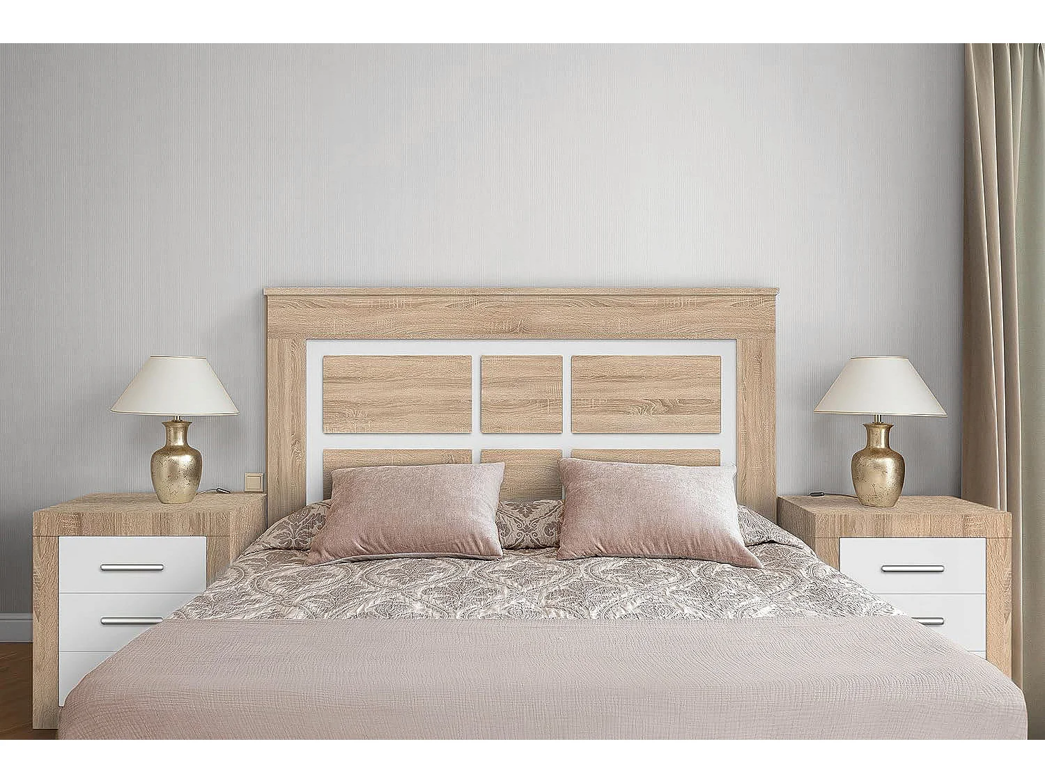 Cabecero de Matrimonio Kiara + 2 Mesitas de Noche Cambria y Grafito