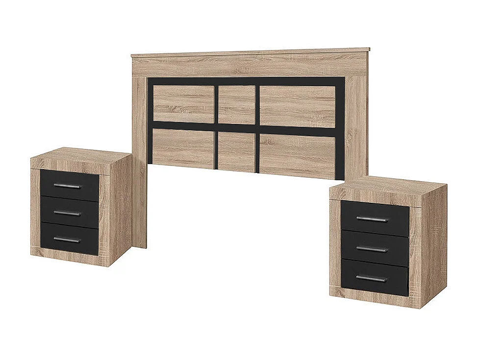 Cabeceira de Casal Kiara + 2 Mesas de Cabeceira, Carvalho e Grafito