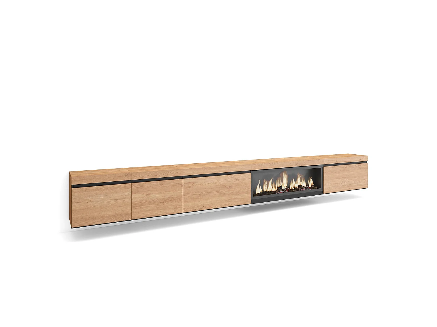 Meuble TV, Banc Télé, 368x35x45cm, Cheminée électrique XXL, Suspendu, Mural, Chêne