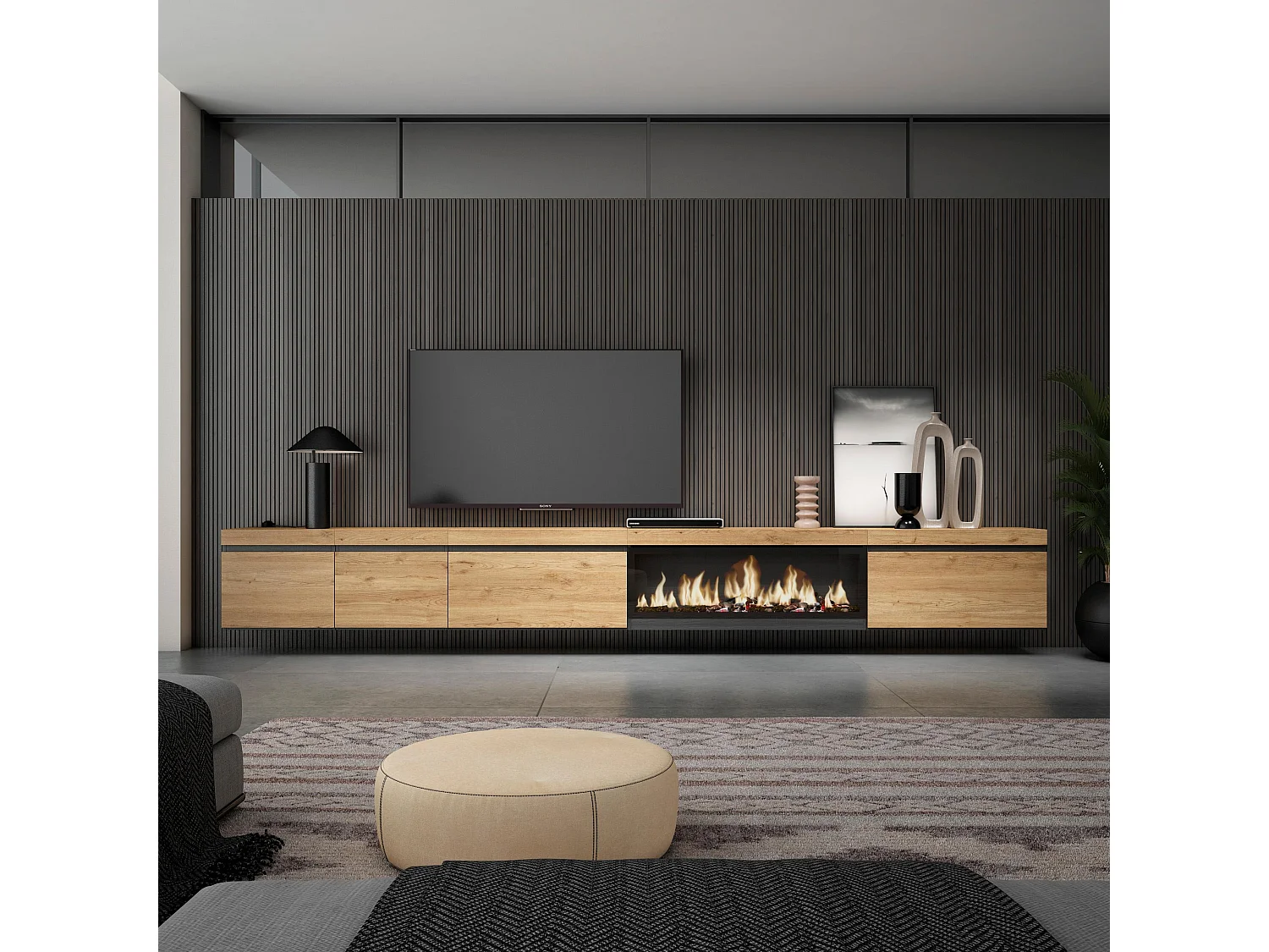 Meuble TV, Banc Télé, 368x35x45cm, Cheminée électrique XXL, Suspendu, Mural, Chêne