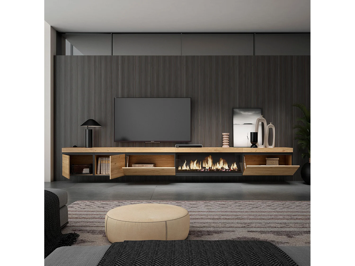 Meuble TV, Banc Télé, 368x35x45cm, Cheminée électrique XXL, Suspendu, Mural, Chêne