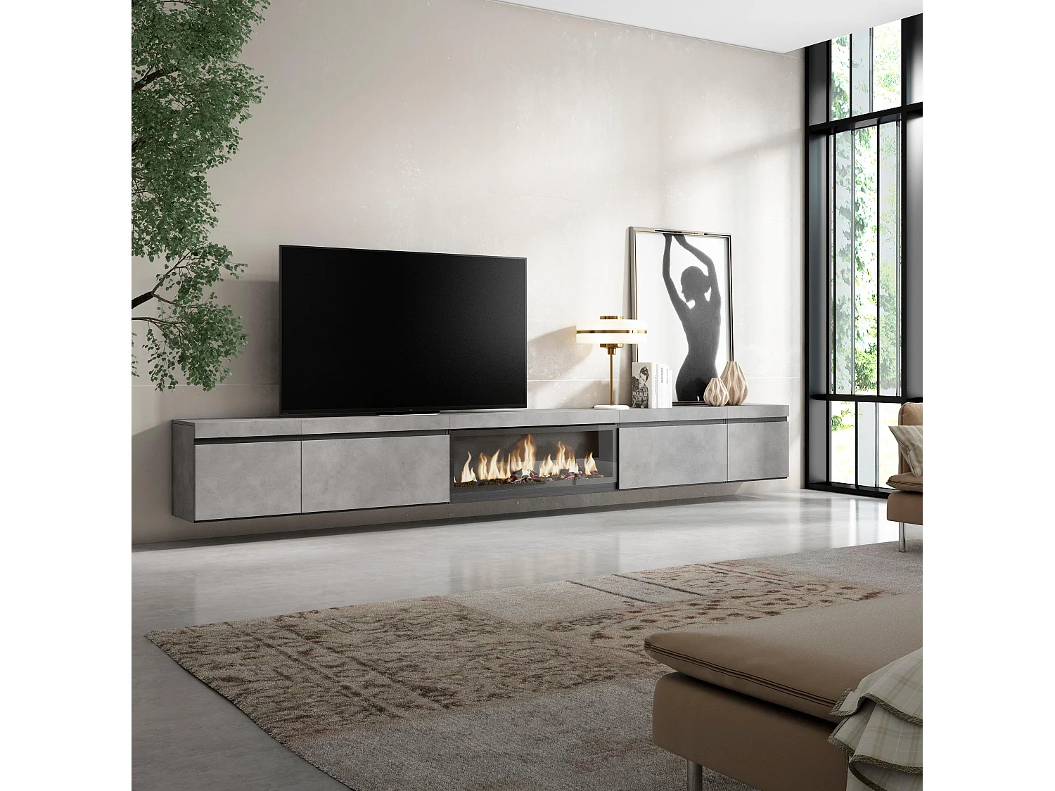 Meuble TV, Banc Télé, 368x35x45cm, Cheminée électrique XXL, Suspendu, Mural, Ciment