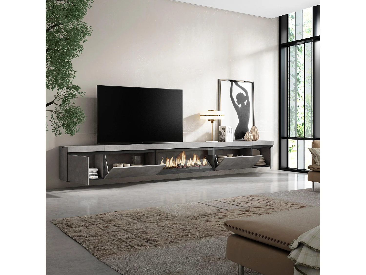 Meuble TV, Banc Télé, 368x35x45cm, Cheminée électrique XXL, Suspendu, Mural, Ciment