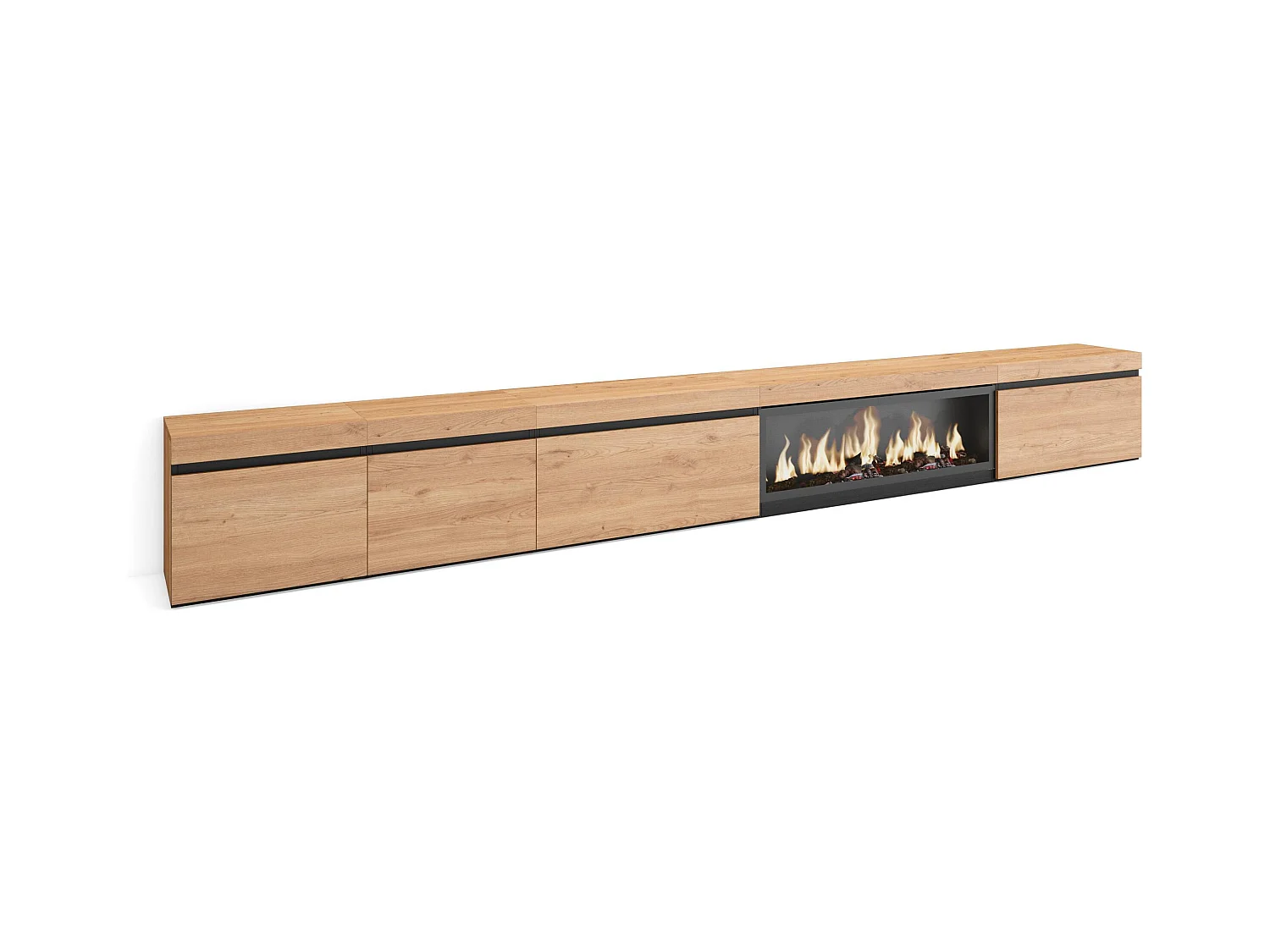 Meuble TV, Banc Télé, 368x35x45, Cheminée électrique XXL, Chêne