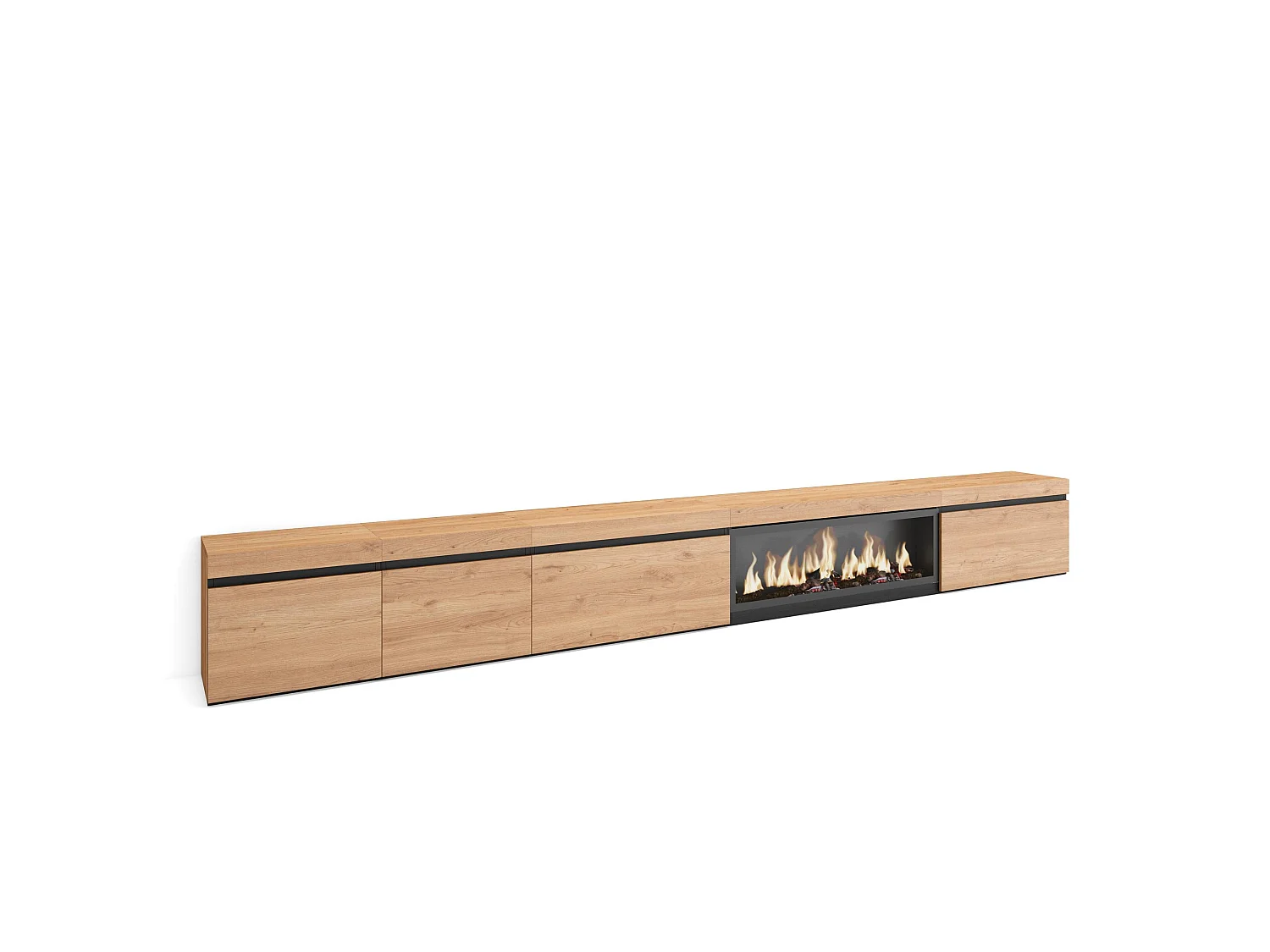 Meuble TV, Banc Télé, 368x35x45cm, Cheminée électrique XXL, Chêne