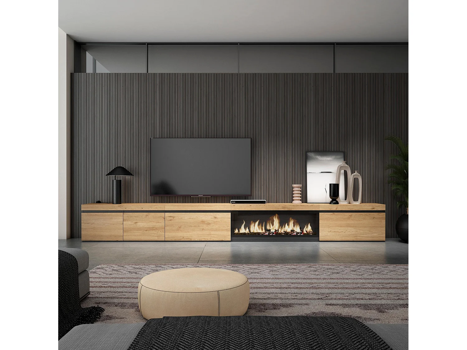 Meuble TV, Banc Télé, 368x35x45cm, Cheminée électrique XXL, Chêne