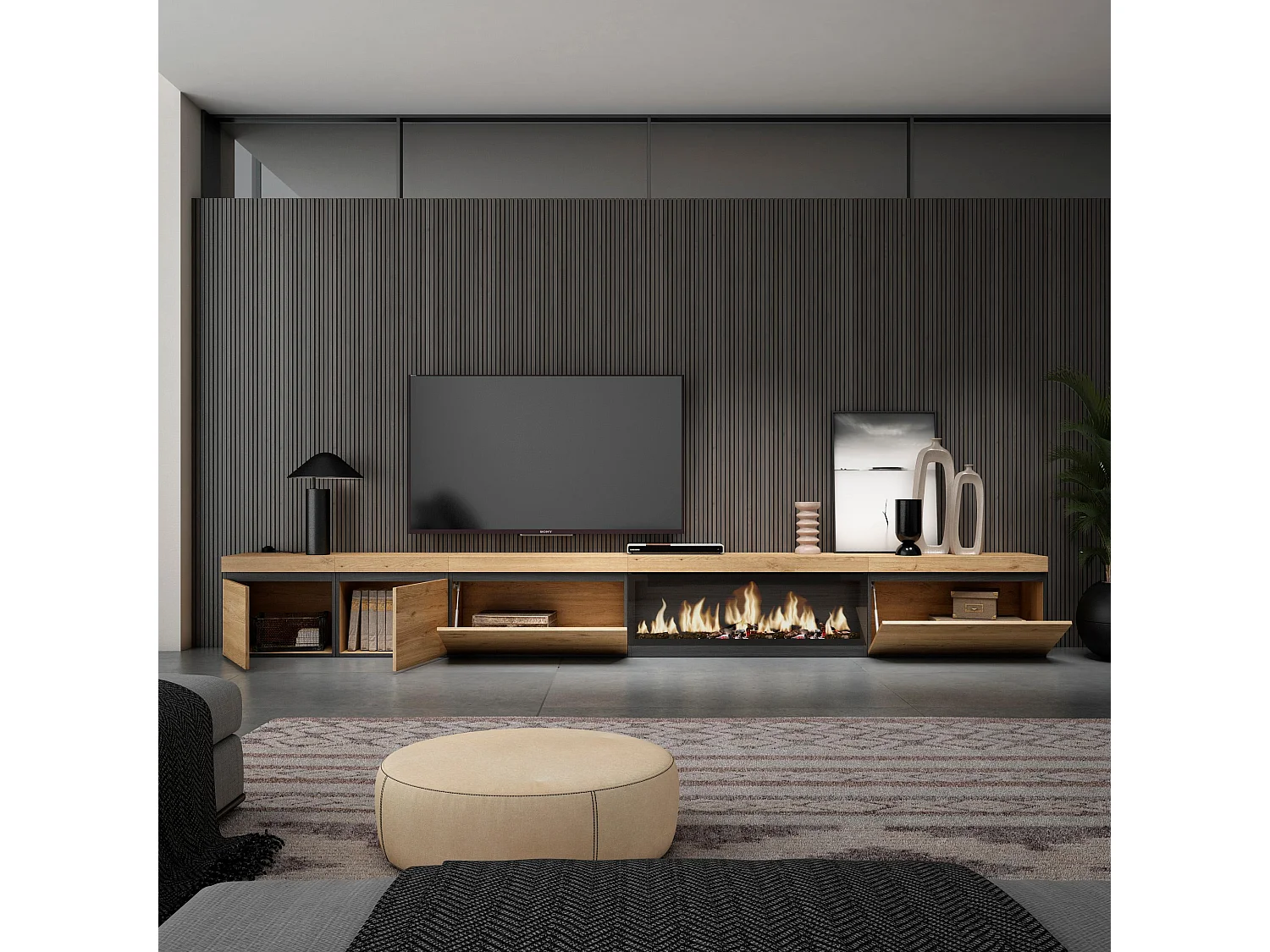 Meuble TV, Banc Télé, 368x35x45cm, Cheminée électrique XXL, Chêne