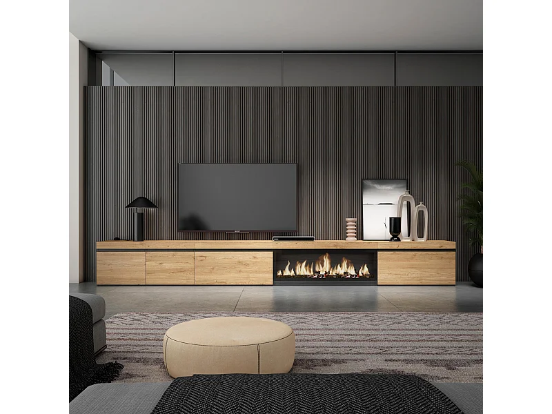 Meuble TV, Banc Télé, 368x35x45, Cheminée électrique XXL, Chêne