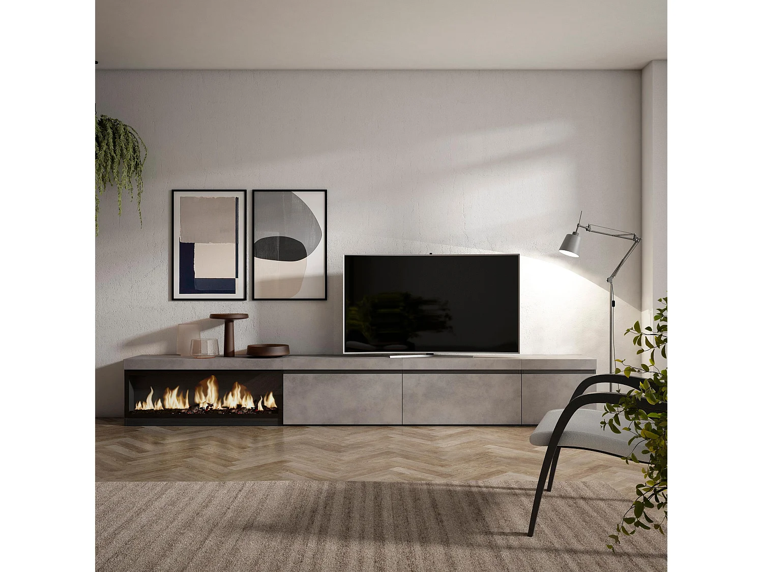 Meuble TV, Banc Télé, 317x35x45cm, Cheminée électrique XXL, Ciment