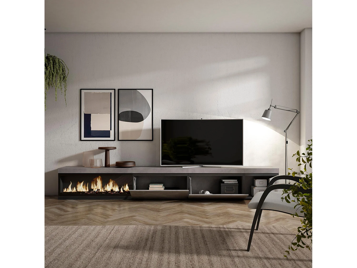 Meuble TV, Banc Télé, 317x35x45cm, Cheminée électrique XXL, Ciment